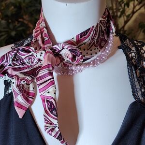 Vintage Pink and Black Paisley Scarf With Attached Pink Faux Glass Pearls